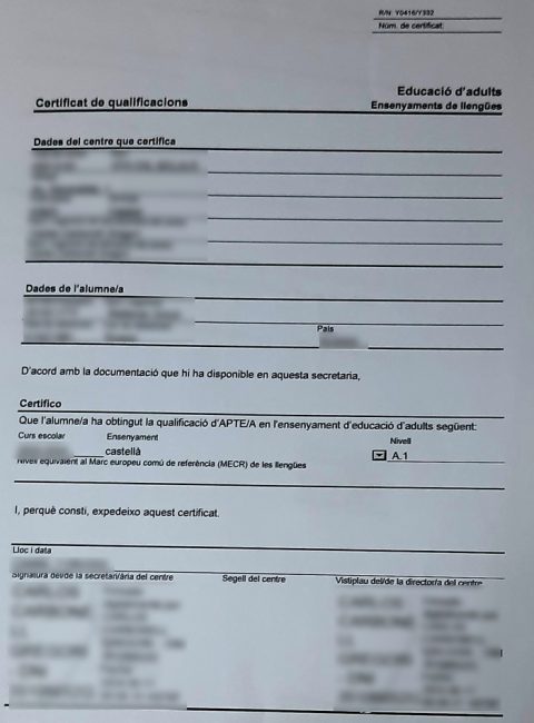 Сертификат об окончании курсов A1