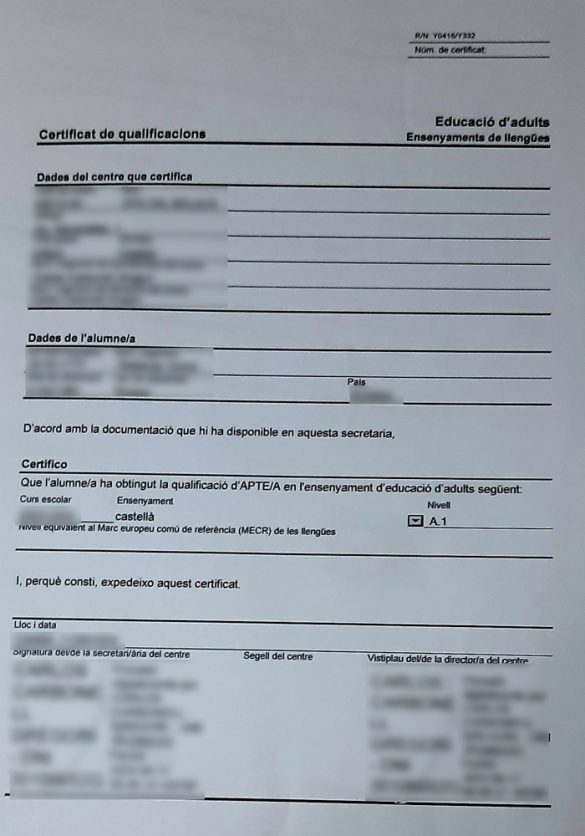 Сертификат об окончании курсов A1